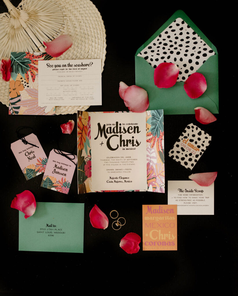 Custom tropical destination wedding invitation suite for a wedding in Mexico.