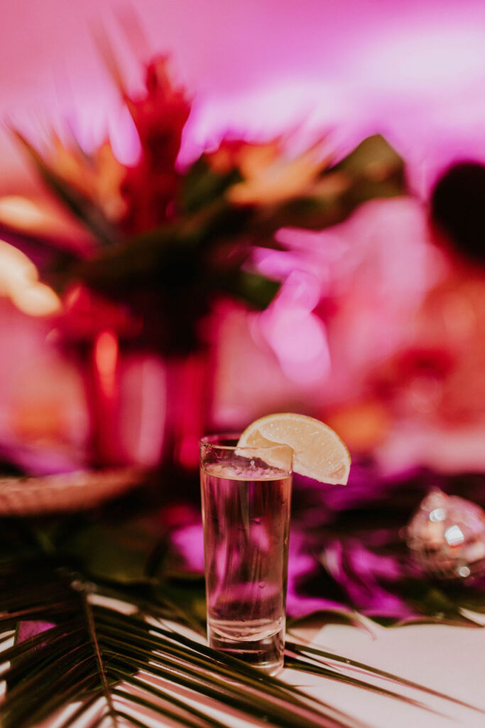 Reception welcome shot served during a tropical destination wedding celebration in Mexico.