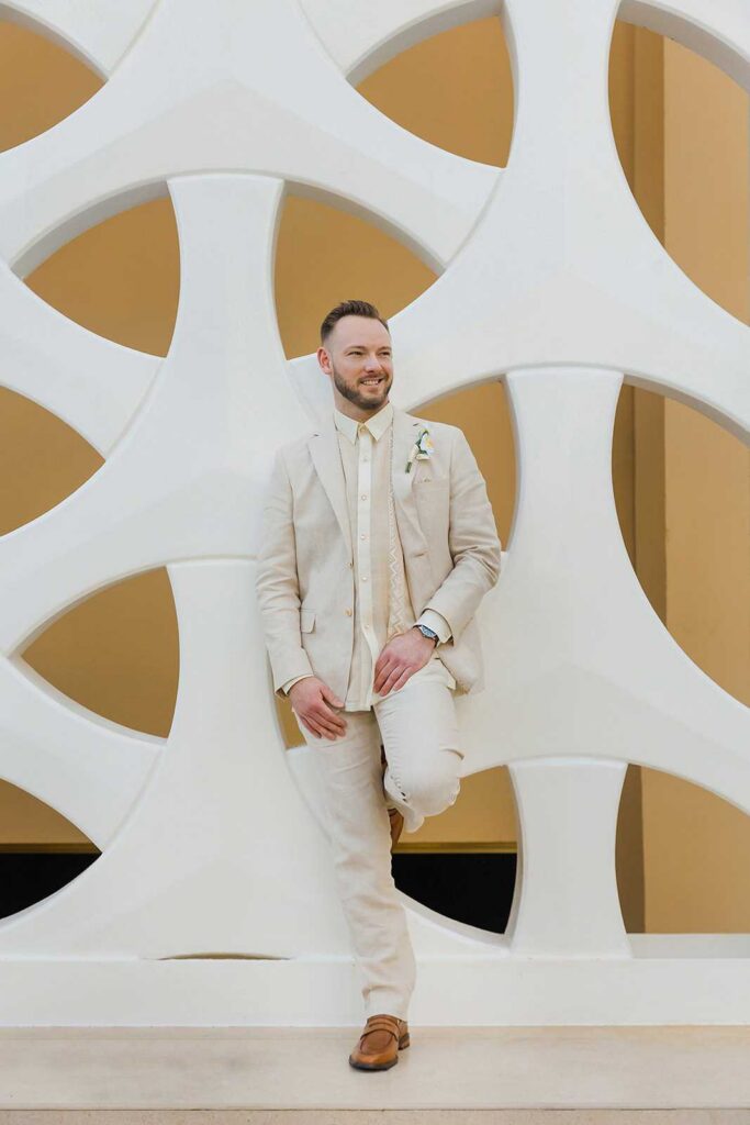 Groom portrait before El Dorado Royale Mexico wedding celebration