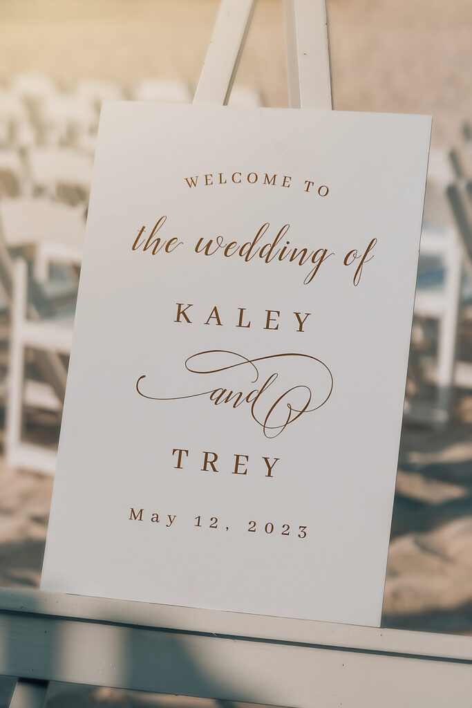 Welcome sign displaying wedding details for a beach ceremony at Secrets Maroma Beach Riviera Cancun.