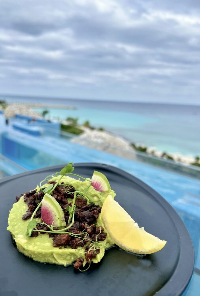 Food on a plate with an ocean view at Hotel Xcaret Arte in Riviera Maya, Mexico, one of the best all inclusive resorts for a honeymoon in Mexico​