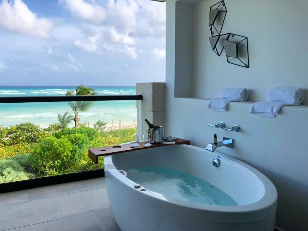 Bath tub with a view at UNICO 20°87° at Riviera Maya, best all inclusive resorts in Mexico for honeymoon​ trips