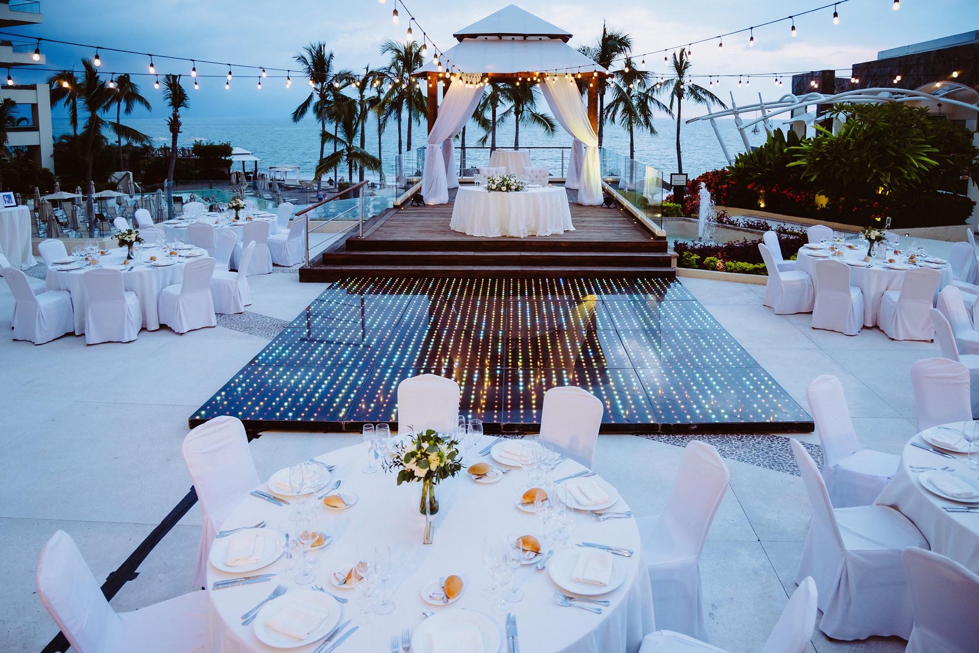Reception set up at an all inclusive resort in mexico, planned by Morgan, travel agents specializing in destination weddings