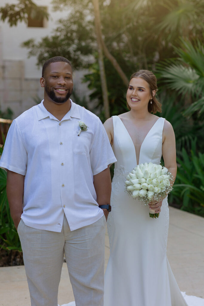 Couple sharing their first look during a small wedding celebration at Unico 2087 in Riviera Maya