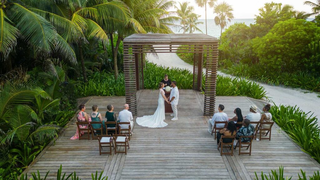 Drone photo of a small wedding ceremony setup at Unico 2087 Riviera Maya